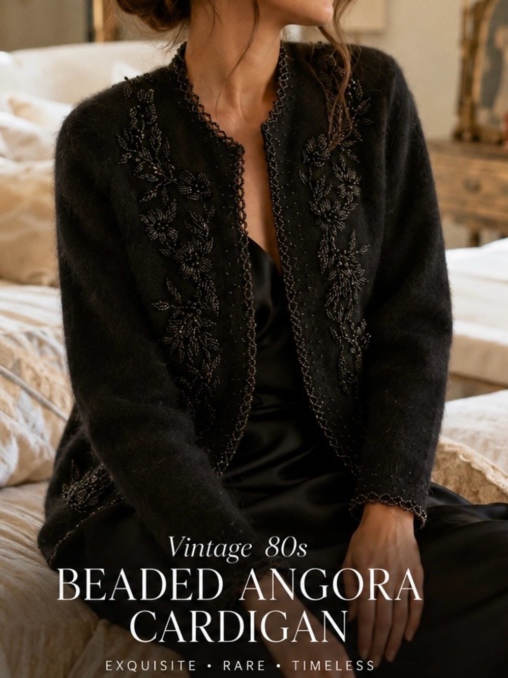 Vintage Beaded Black Angora Cardigan - Size Small/Medium